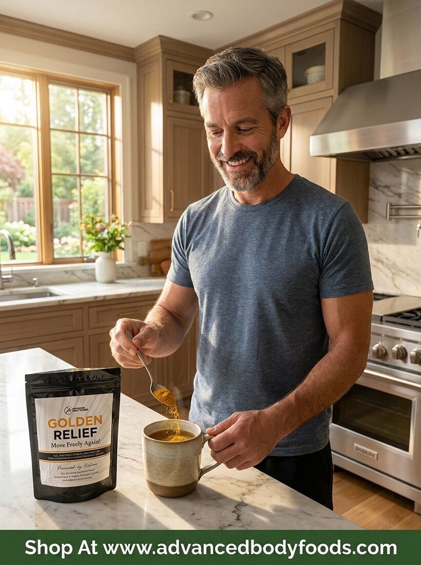 Man stirring Golden Relief into a morning drink