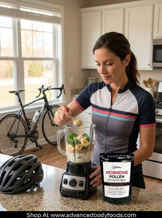 Adding a scoop of Advanced Body Foods powder to a smoothie in a blender
