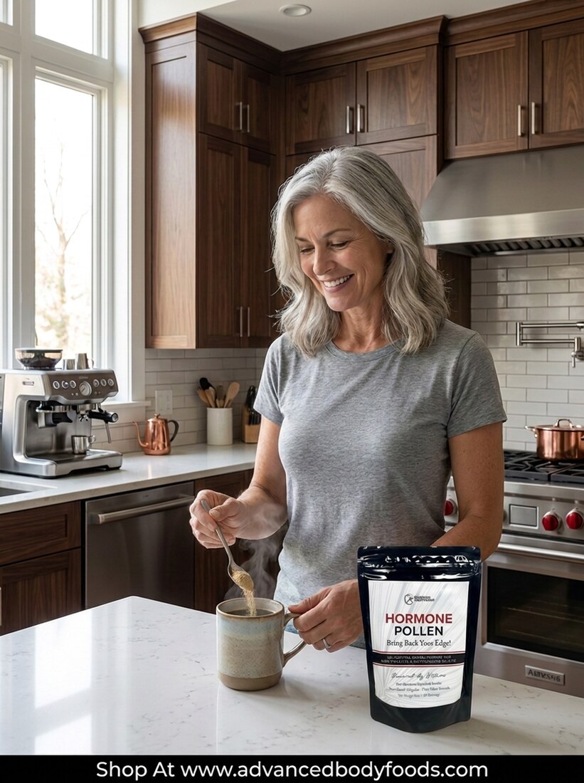 Woman stirring Hormone Pollen into a morning drink
