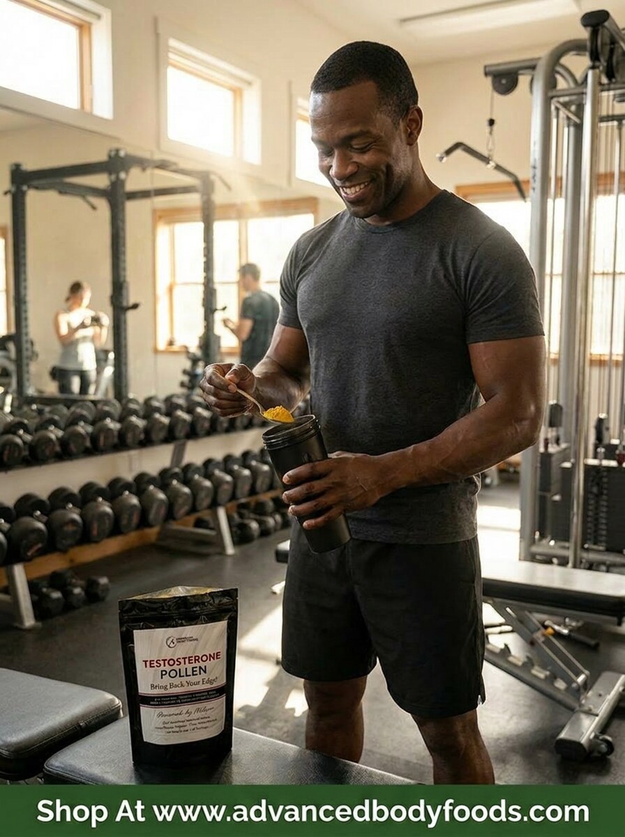 Testosterone Pollen scooped into a shaker bottle at the gym