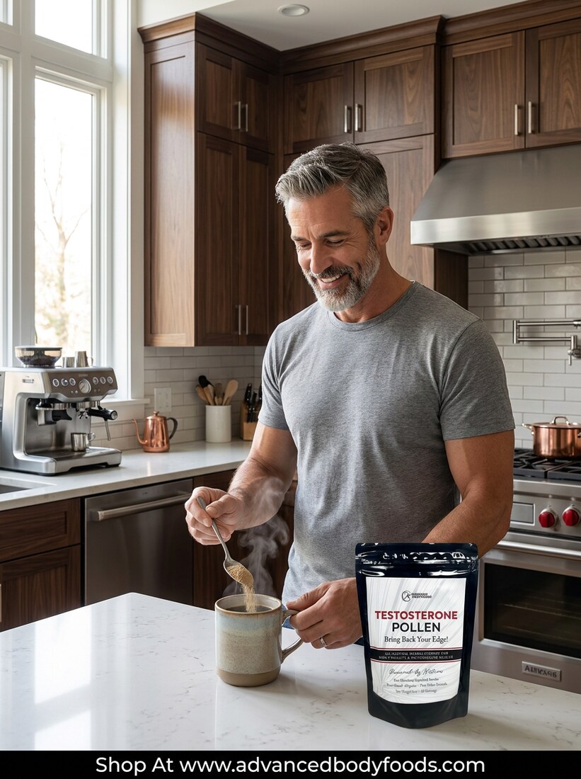 Man stirring Testosterone Pollen into a morning drink